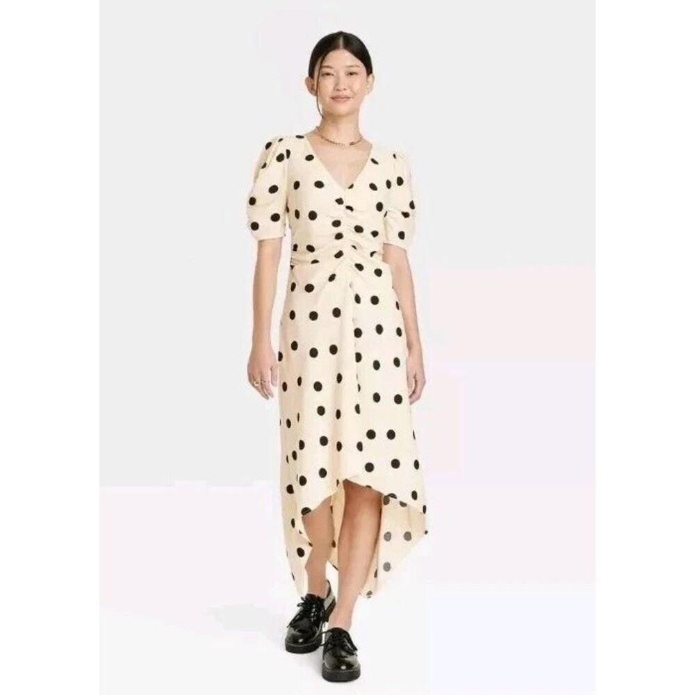 New Day Midi A-Line Dress Womens Small Crepe Ruched Short Sleeve Polka Dot